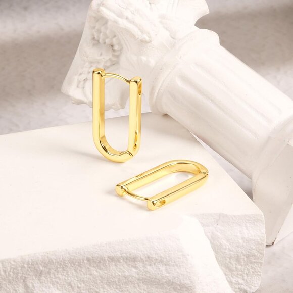 14K Gold Plated 925 Sterling Silver Square Hoop Earrings Hypoallergenic Medium - Picture 6 of 8